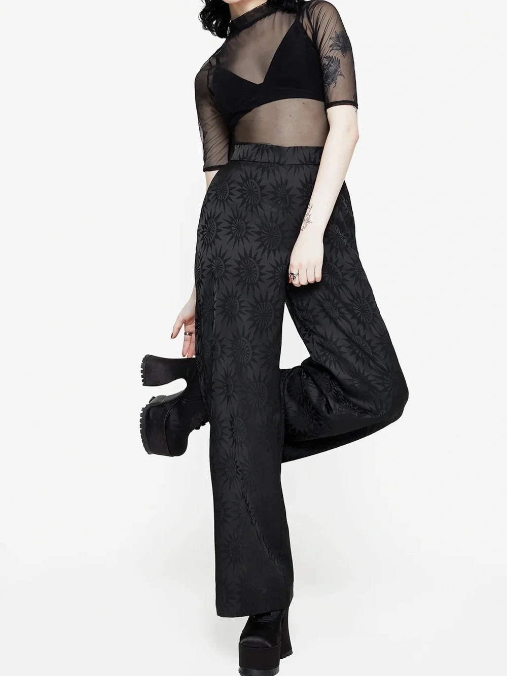 Disturbia US 14 NEW Semine Celestial Printed Wide Leg Trousers Black